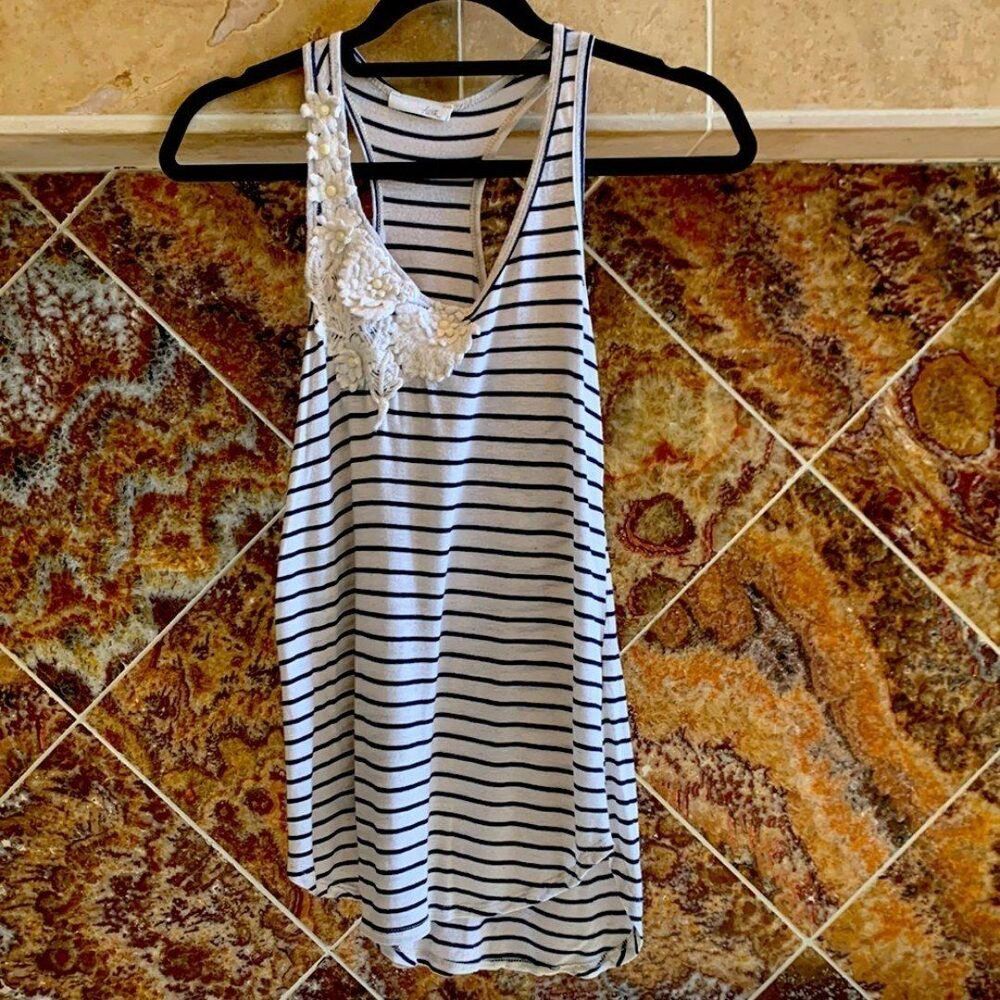 Lush Blue and Cream Striped Racerback Tank Top with Cream Floral Appliqué Size S